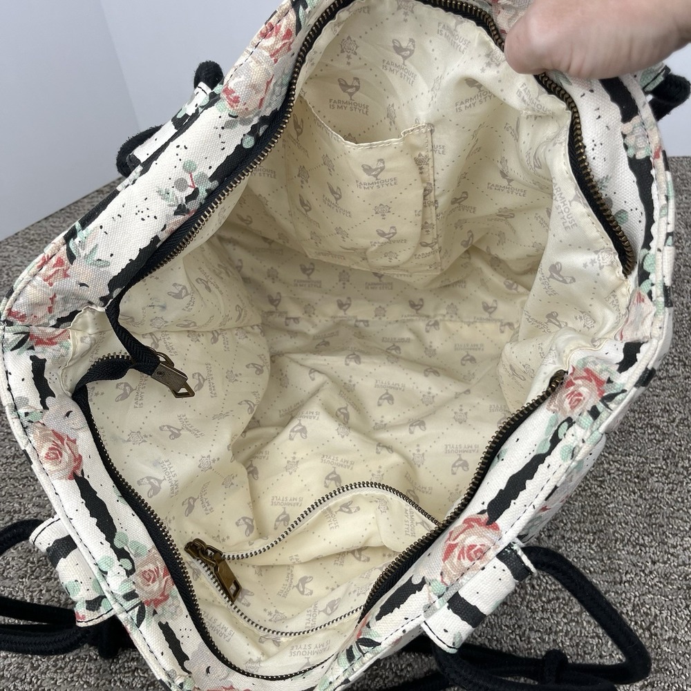 Farmhouse Is My Style Off White Floral Tote‎ Bag Black Rope Handles Zipper Purse - Picture 9 of 10